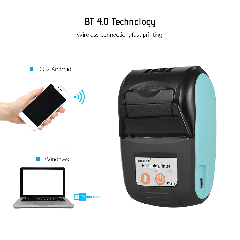 PT210 Portable 2 Inch Mini Thermal Receipt Printer Wireless Bluetooth Pocket 58mm Bill Printer For Mobile Android IOS Windows